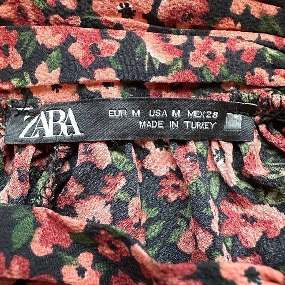 Zara Dark Floral Smocked High Neck Long Sleeve Ruffle Hem Mini Dress Size M - Picture 12 of 13